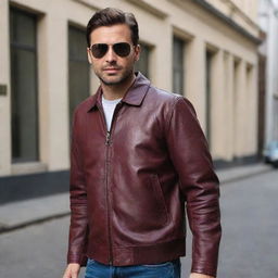 A man in a stylish aviator style maroon leather jacket.