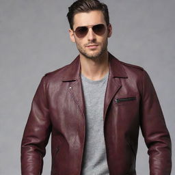 A man in a stylish aviator style maroon leather jacket.