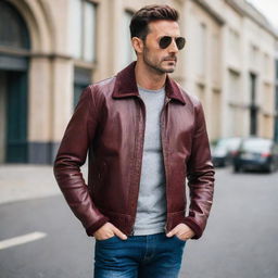 A man in a stylish aviator style maroon leather jacket.