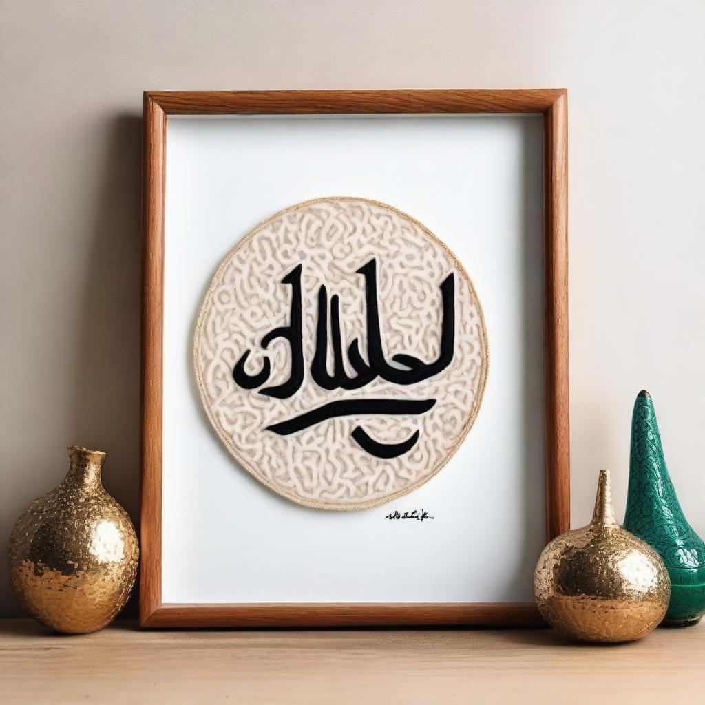 Create an intricate punch needle emboss art featuring the name 'Allah' in proper Arabic language on an A4 size frame