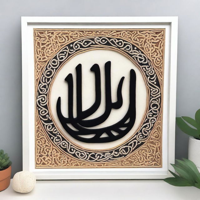 Create an intricate punch needle emboss art featuring the name 'Allah' in proper Arabic language on an A4 size frame