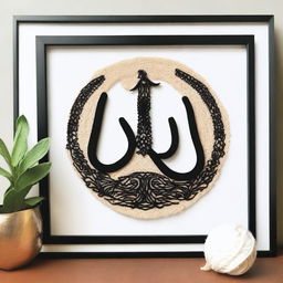 Create an intricate punch needle emboss art featuring the name 'Allah' in proper Arabic language on an A4 size frame