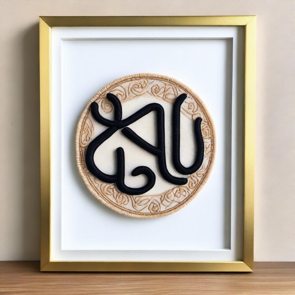 Create an intricate punch needle embroidery featuring the name 'Allah' with an embossed effect on an A4 size frame