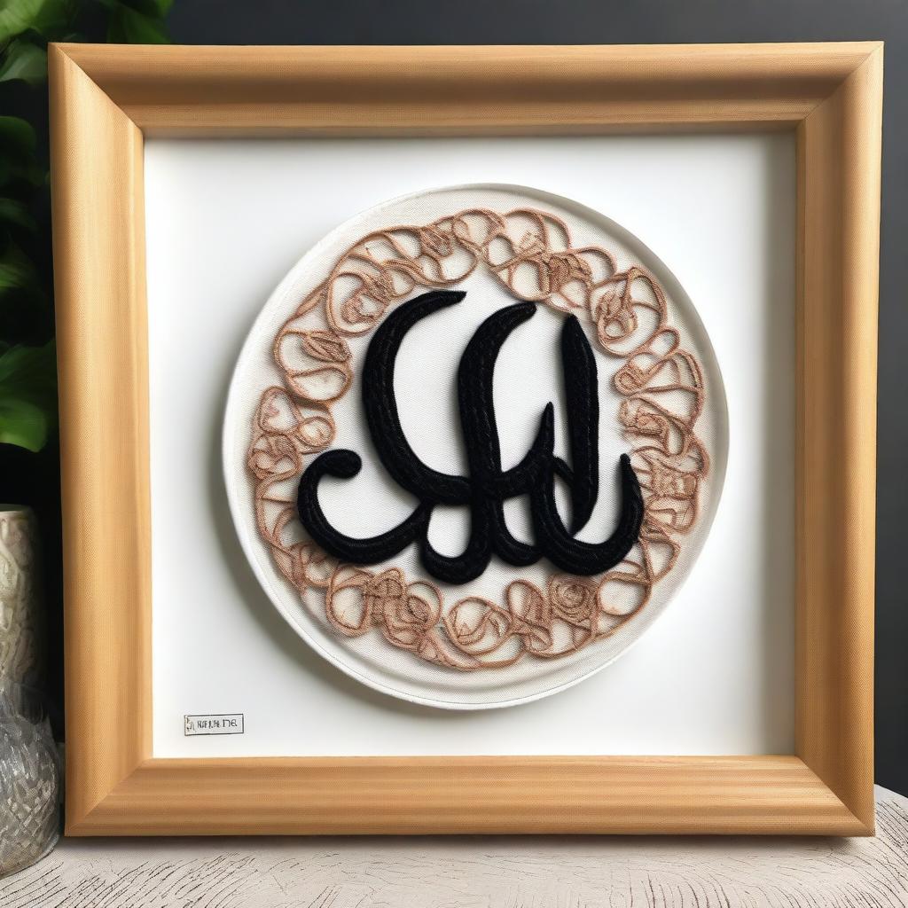 Create an intricate punch needle embroidery featuring the name 'Allah' with an embossed effect on an A4 size frame