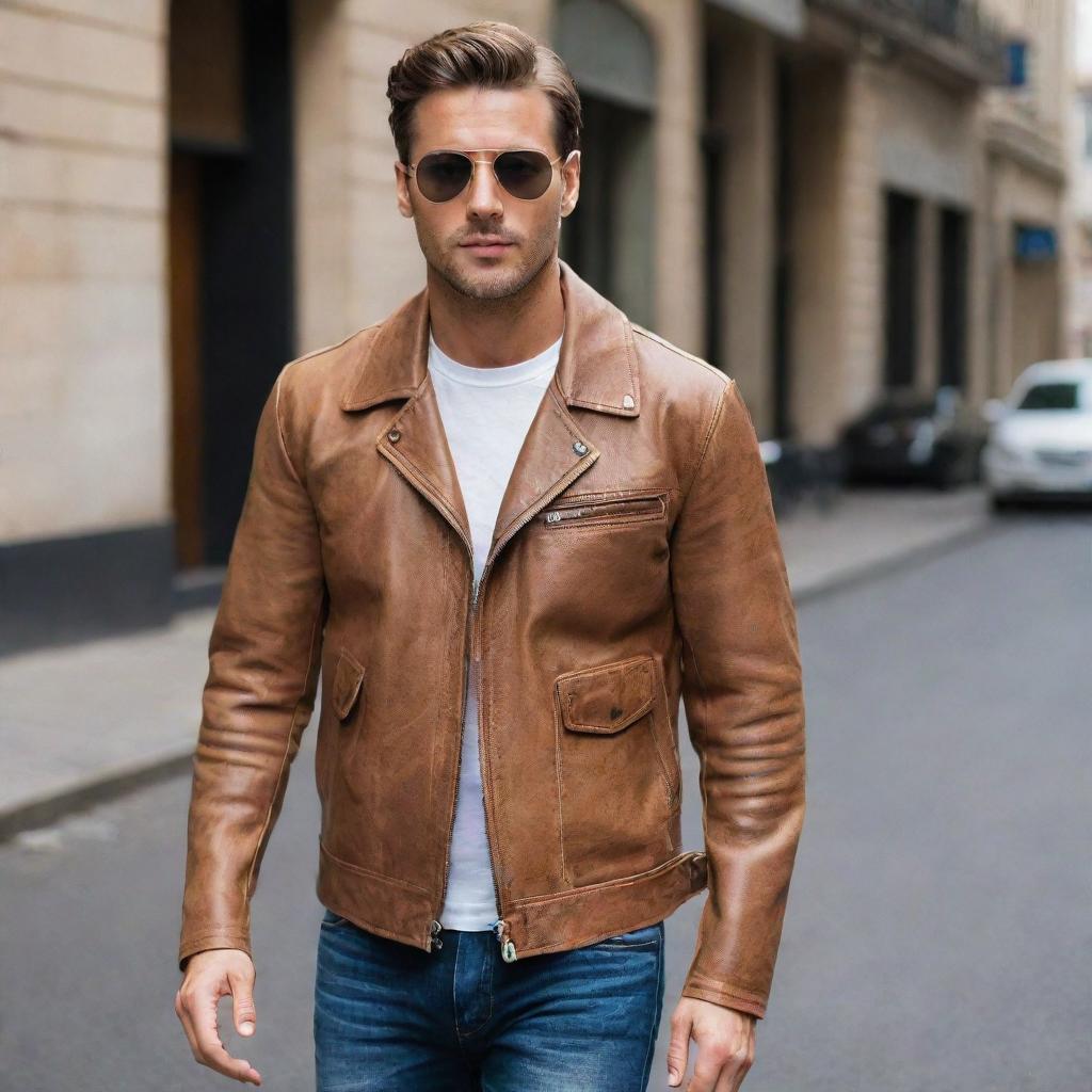 A stylish man wearing an aviator-style light brown leather jacket.