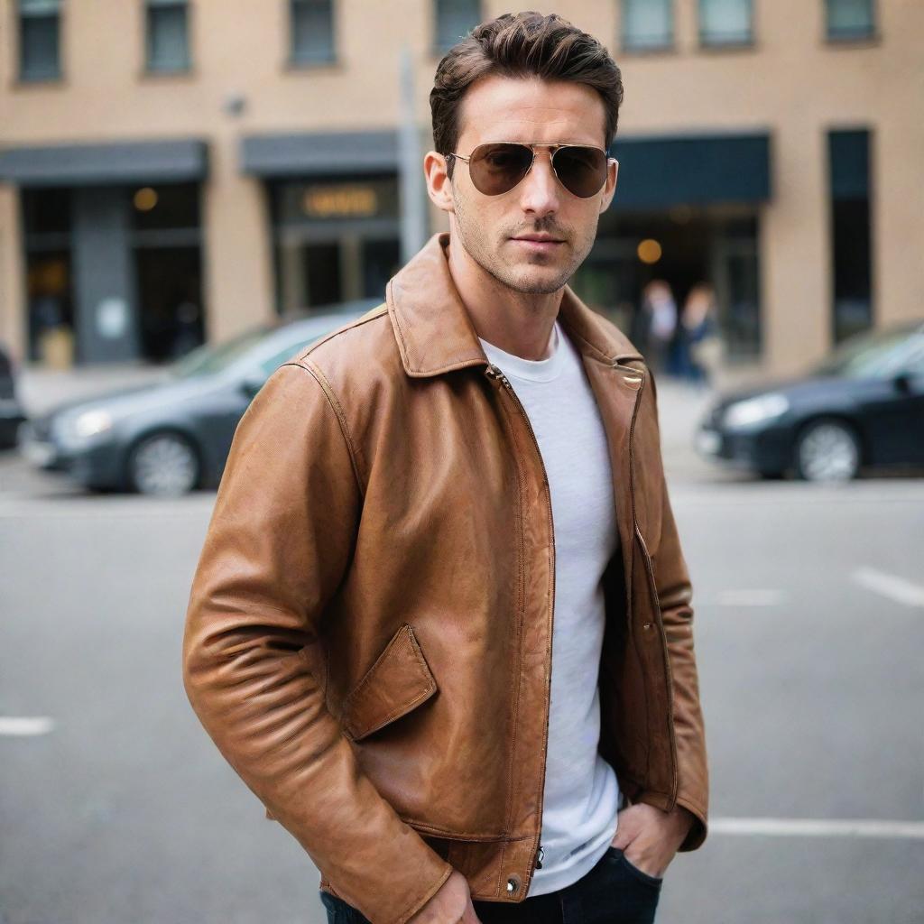 A stylish man wearing an aviator-style light brown leather jacket.