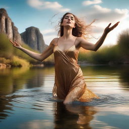 A dramatic action scene depicting the seductive Greek goddess Aphrodite erupting from a shimmering pond in a beautiful ancient Greek wilderness setting