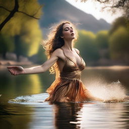 A dramatic action scene depicting the seductive Greek goddess Aphrodite erupting from a shimmering pond in a beautiful ancient Greek wilderness setting