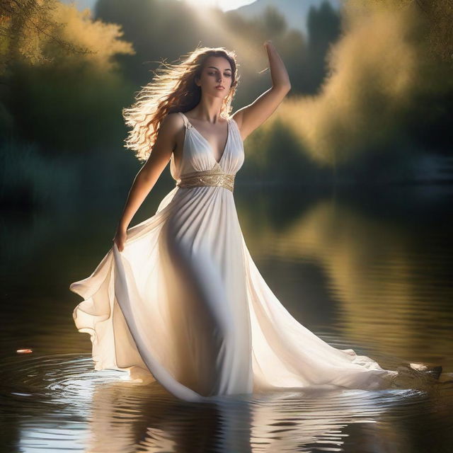 A dramatic action scene depicting the seductive Greek goddess Aphrodite erupting from a shimmering pond in a beautiful ancient Greek wilderness setting