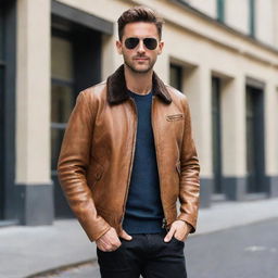 A stylish man wearing an aviator-style light brown leather jacket.