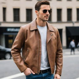 A stylish man wearing an aviator-style light brown leather jacket.