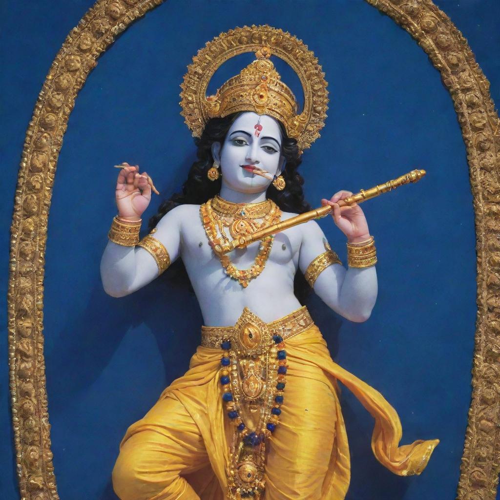 A luminous image of Lord Krishna, adorned in golden yellow clothing, playing his divine flute under a deep blue sky