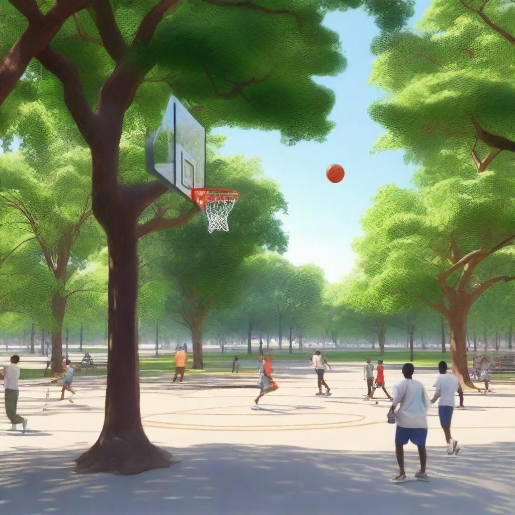 Create a hyperrealistic image of a park scene where people are playing basketball