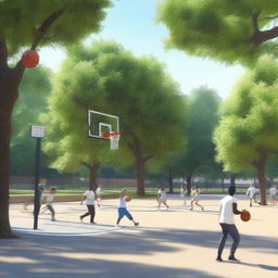 Create a hyperrealistic image of a park scene where people are playing basketball