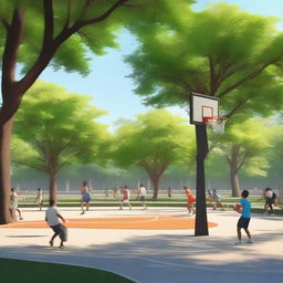 Create a hyperrealistic image of a park scene where people are playing basketball