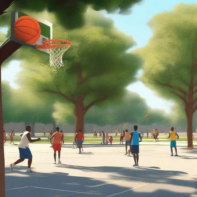 Create a hyperrealistic image of a park scene where people are playing basketball