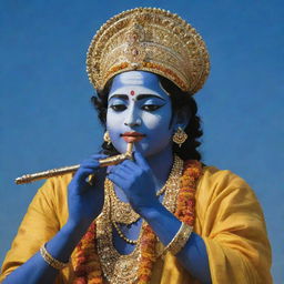 A luminous image of Lord Krishna, adorned in golden yellow clothing, playing his divine flute under a deep blue sky