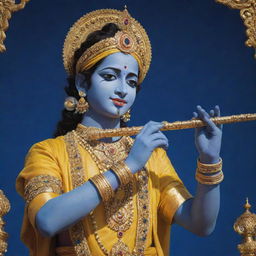 A luminous image of Lord Krishna, adorned in golden yellow clothing, playing his divine flute under a deep blue sky