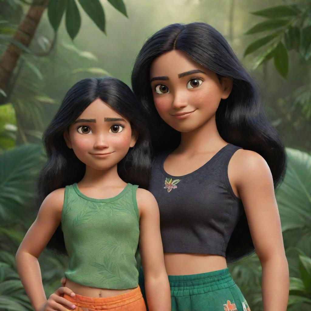 Two Disney-Pixar style characters: A detailed closeup shot of an athletic girl in a gym suit with black hair, set against a jungle backdrop, and a cute, striking girl with black hair in a traditional Indian saree.