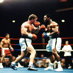 A dynamic and intense scene of Wayne Gretzky boxing Mike Tyson in a professional boxing ring, with a cheering crowd in the background