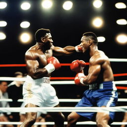 A dynamic and intense scene of Wayne Gretzky boxing Mike Tyson in a professional boxing ring, with a cheering crowd in the background