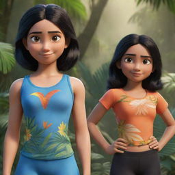 Two Disney-Pixar style characters: A detailed closeup shot of an athletic girl in a gym suit with black hair, set against a jungle backdrop, and a cute, striking girl with black hair in a traditional Indian saree.