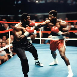 A dynamic and intense scene of Wayne Gretzky boxing Mike Tyson in a professional boxing ring, with a cheering crowd in the background