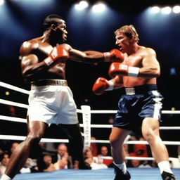 A dynamic and intense scene of Wayne Gretzky boxing Mike Tyson in a professional boxing ring, with a cheering crowd in the background