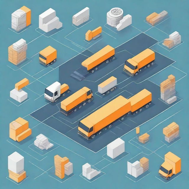 A detailed and organized visual representation of logistical operations and memory management, featuring flowcharts, data storage, and transport elements