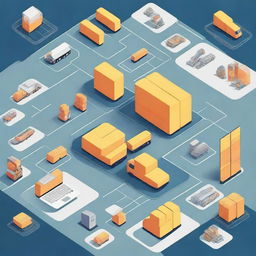 A detailed and organized visual representation of logistical operations and memory management, featuring flowcharts, data storage, and transport elements