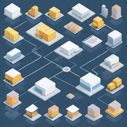 A detailed and organized visual representation of logistical operations and memory management, featuring flowcharts, data storage, and transport elements