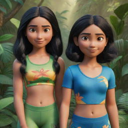 Two Disney-Pixar style characters: A detailed closeup shot of an athletic girl in a gym suit with black hair, set against a jungle backdrop, and a cute, striking girl with black hair in a traditional Indian saree.