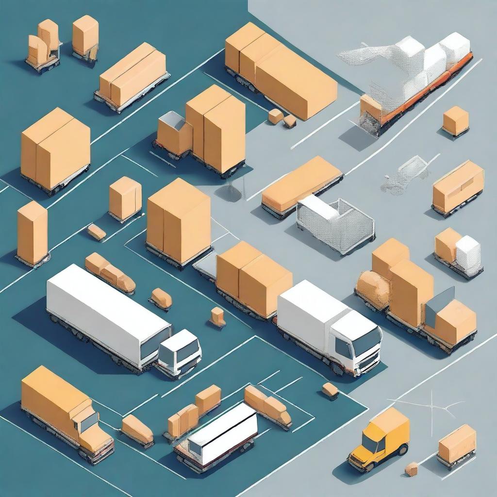 A detailed illustration of logistics operations, showcasing various elements such as transportation, warehousing, and supply chain management