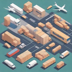 A detailed illustration of logistics operations, showcasing various elements such as transportation, warehousing, and supply chain management