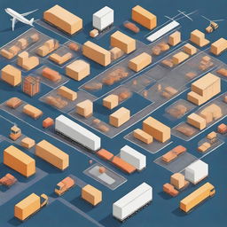 A detailed illustration of logistics operations, showcasing various elements such as transportation, warehousing, and supply chain management