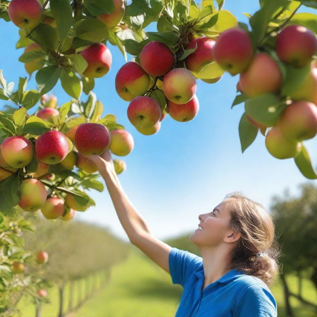 A person picking apples from a tree in a beautiful orchard