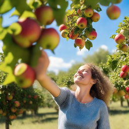 A person picking apples from a tree in a beautiful orchard