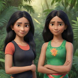 Two Disney-Pixar style characters: A detailed closeup shot of an athletic girl in a gym suit with black hair, set against a jungle backdrop, and a cute, striking girl with black hair in a traditional Indian saree.