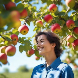 A person picking apples from a tree in a beautiful orchard