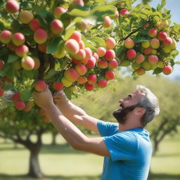 A person picking apples from a tree in a beautiful orchard