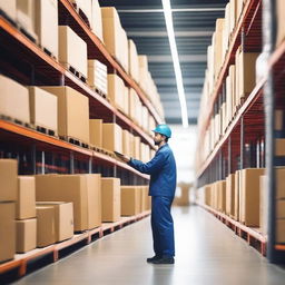 A warehouse worker picking items from shelves in a large logistics center