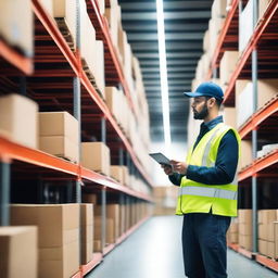 A warehouse worker picking items from shelves in a large logistics center