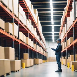 A warehouse worker picking items from shelves in a large logistics center