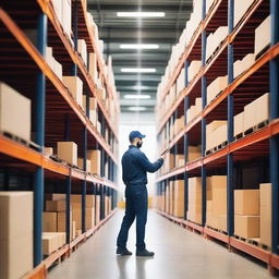 A warehouse worker picking items from shelves in a large logistics center