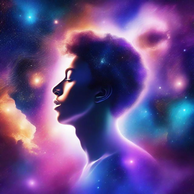 Create a stunning poster depicting a soul traveling through the universe