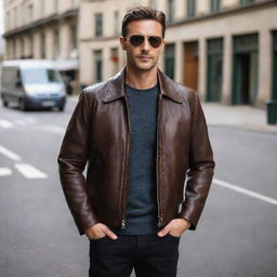 A stylish man wearing a dark brown, aviator-style leather jacket.