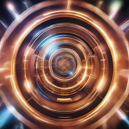 A futuristic scene depicting time travel with a high-tech time machine in the center, surrounded by swirling lights and energy