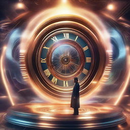 A futuristic scene depicting time travel with a high-tech time machine in the center, surrounded by swirling lights and energy