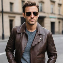 A stylish man wearing a dark brown, aviator-style leather jacket.