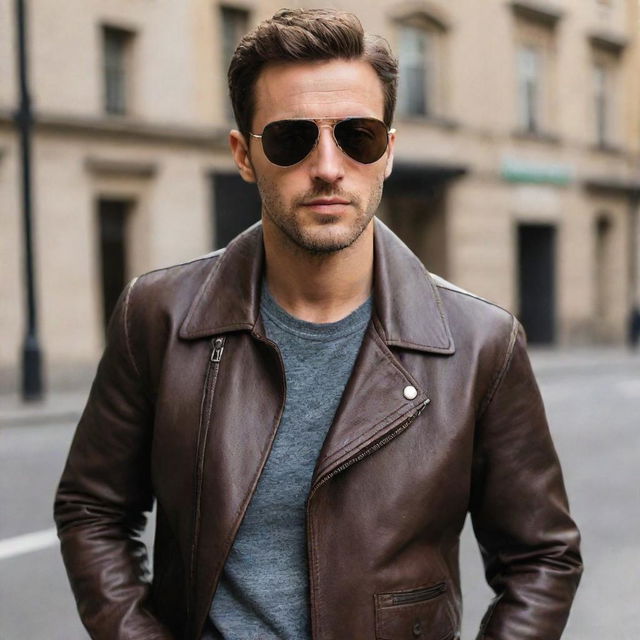 A stylish man wearing a dark brown, aviator-style leather jacket.